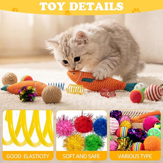 Leitee Sunmmer Cat Bed Storage Basket with 40 Pcs Cat Variety Toys Pack Set Includes Pillows, Spring Toy, Fish, Chew Rope and Balls for Kitten Kitty Swat Hunt Interactive Pet(White,Yellow)