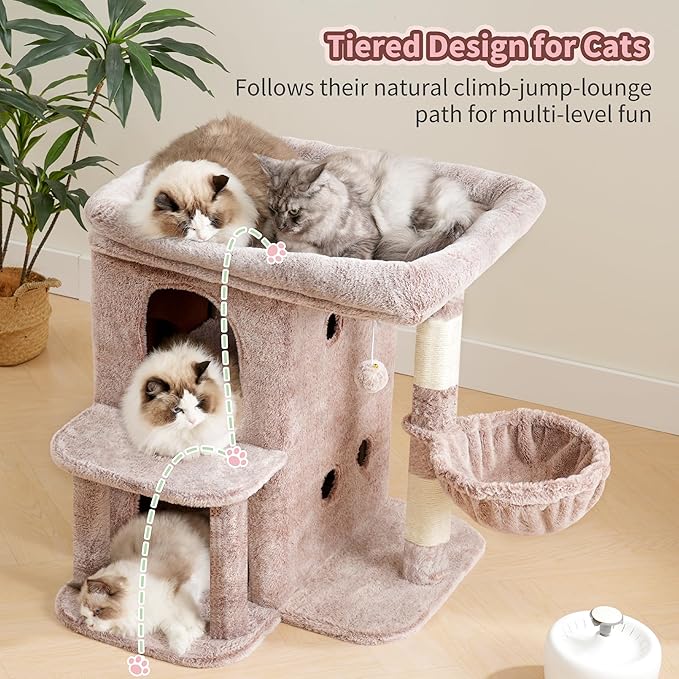 Heybly Cat Tree, 26.3-inch Cat Tower with Spacious Top Perch for Large Cats, Stair-Style Cat House Furniture with Dual-Layer Condos, Sisal Scratching Posts, Cozy Basket & Pompom, Muchroom HCT204SMU