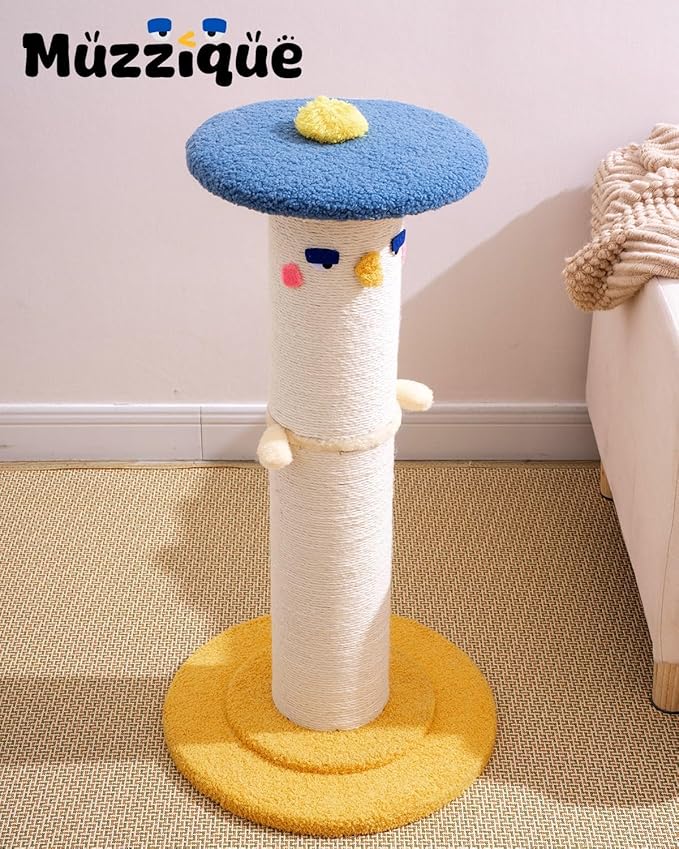 Cute Cat Scratching Post, 31 inch Very Tall Thicker Scratch Post w/Perch Bed, Full Strectch for Indoor Cats, Adult/Kitten/Kitty Sisal Rope Scratcher, Large Play Toy Stand, Adjustable Height Furniture