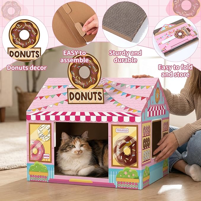 Donut Shop Cardboard Cat House Cat Scratch House with Scratcher Kitten Hideaway Playhouse Bed with Scratching Pads Cardboard Scratch Box for Indoor Outdoor Cats Bunny Small Animals Gift Supplies