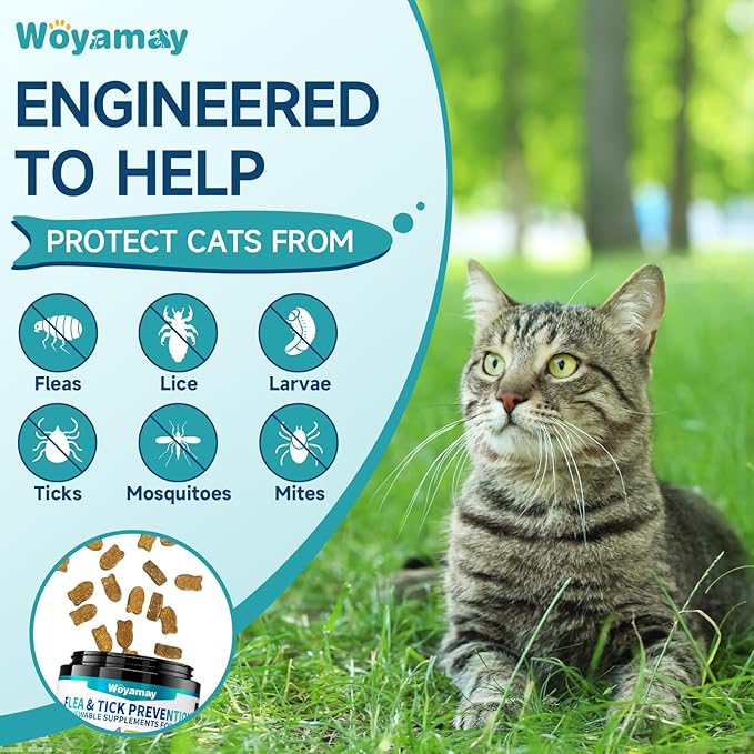 Woyamay Natural Flea & Tick Prevention Bundle for Cats & Dogs, 200 Chews + Drops 4-in-1 Herbal Drops, Supports Skin, Coat, Digestion & Immunity, Gentle Daily Flea Treatment for Multi-Pet Homes