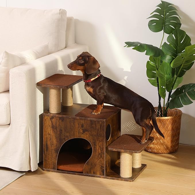 FUKUMARU 3-in-1 Pet Stairs, Retro-style Dog Steps for Cats and Small Dogs, Wooden Cat Stairs for High Bed with Scratching Post, Dog Ramp for Couch with Cat Condo Cave, Easy to Clean & Aesthetic Design