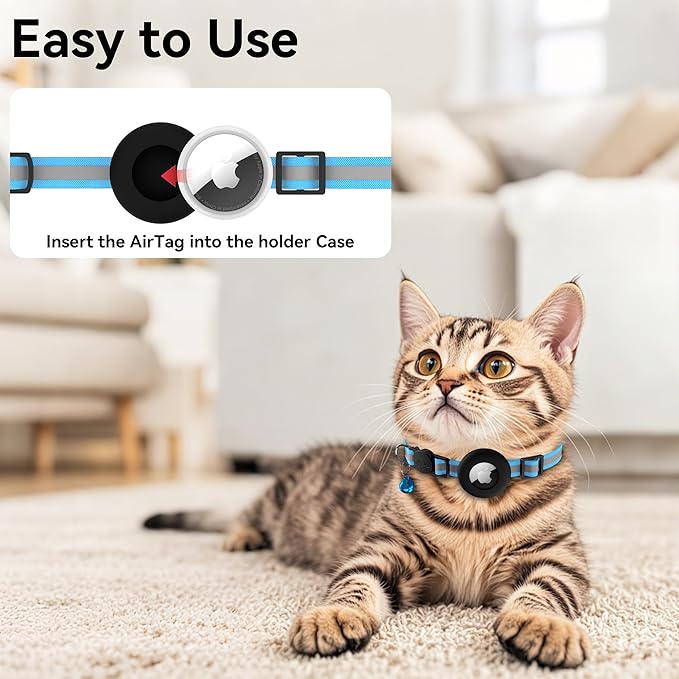 Meliya Airtag Cat Collar Breakaway with Bell, Adjustable Reflective Pet Kitten Collar with Apple Air Tag Holder Case for Girl Boy Cats (Striped Blue)
