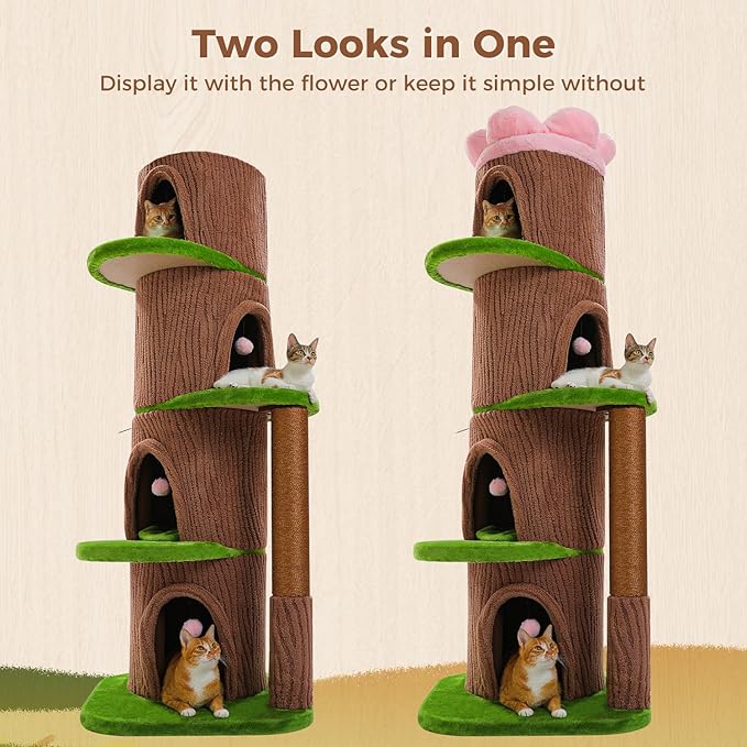 MUTTROS Forest Cat Tree Tower with 4 Condos, 68.5" Tall Cat Tower with Flower Top Bed & Thick Scratching Post (φ3.8in) – Large Heavy Duty Tree that Looks Like a Tree for Indoor & Multi-Cat Households