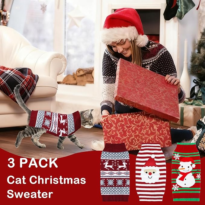 GOYOSWA 3 Pack Cat Christmas Sweater, Knit Pet Cat Sweaters Warm Coat Clothes Santa Reindeer Snowman Christmas Sweater Outfit for Cats Kitten Puppy S