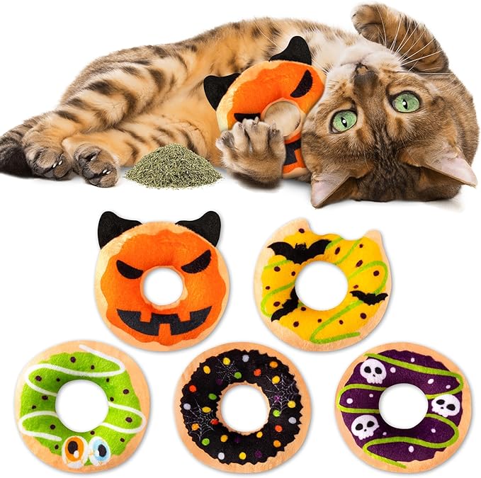 L1rabe Summer Catnip Cat Toys - 5Pcs Pet Days Donut Catnip Stuffed Kittens Supplies, Funny Pumpkin Bat Spider Dessert Pet Toys, Fun Cats Chew Bite Teething Tool Catmint Birthday Interactive Supplies