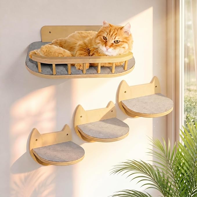 Cat Wall Shelves – 3 Steps Climbing Furniture & Perch for Indoor Cats up to 30lbs, Wooden Floating Shelf with Non-Slip Pad Bed, Modern Corner & Wall Mounted for Playing and Lounging - Natural