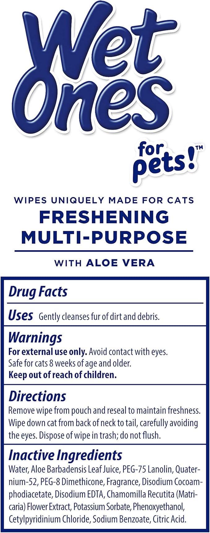 Wet Ones for Pets Freshening Multipurpose Cat Wipes with Aloe Vera, Fresh Scent - Easy to Use Cat Freshening and Grooming Wipes with Wet Lock Seal, 100 Count