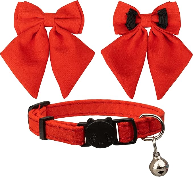 Cat Collar with Bow Tie Bell Breakaway Kitten Small Pet Safety Solid Wedding Basic Pure Color Suede Soft Adjustable Sailor Bow-[1pc] Red