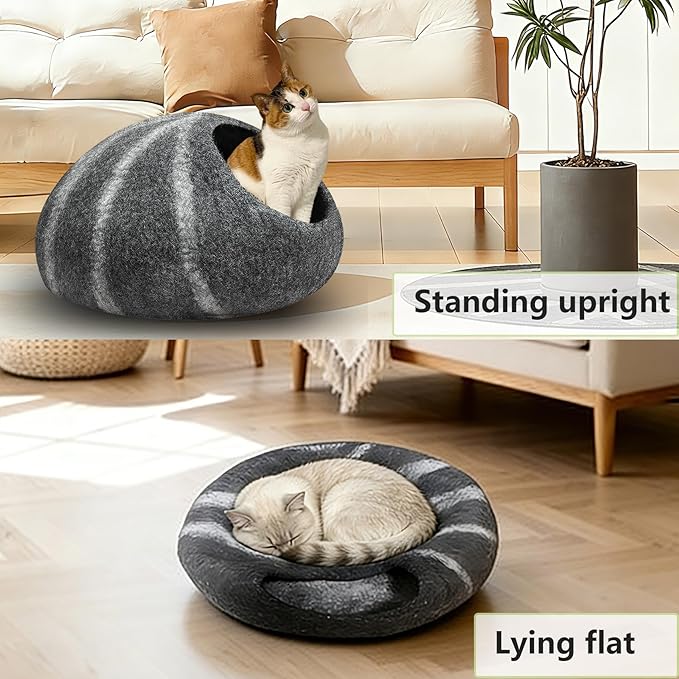 Felted Wool Cat Cave Merino Wool Cat Bed for Indoor Round Cave Cats House mat Handmade Self Warming Comfort