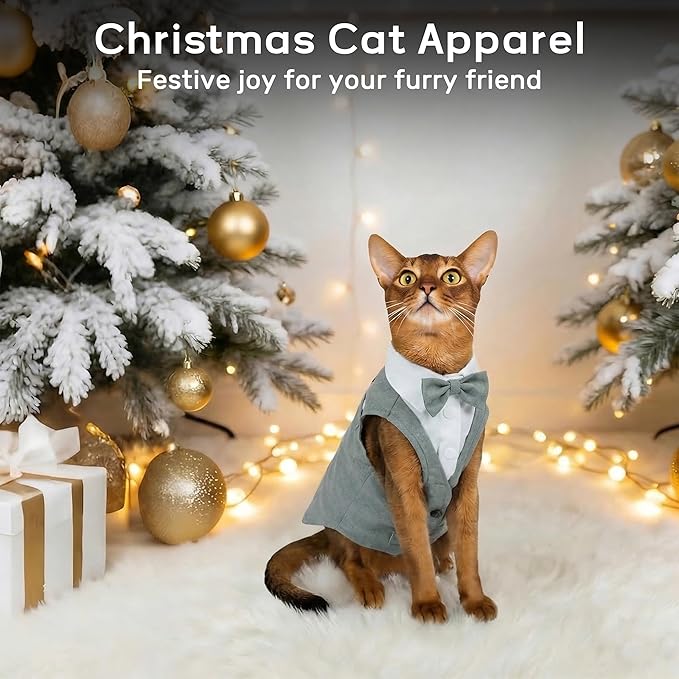 PUMYPOREITY Cat Tuxedo Suit Formal Wear with Bow Tie, Soft Skin-Friendly Cat Costumes for Cats Only, Elegant Outfit for Male Female Cats, Perfect for Wedding Birthday Photo Shoots, 2XL, Grey