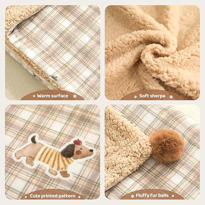 Jiupety Washable Dog Blankets for Small Dogs and Cats, Calming Cozy Pet Grid Blanket with 2 PCS Fluffy Fur Balls, 100% Microfiber Plush Sherpa Fleece, for Bed Couch Chair, Brown