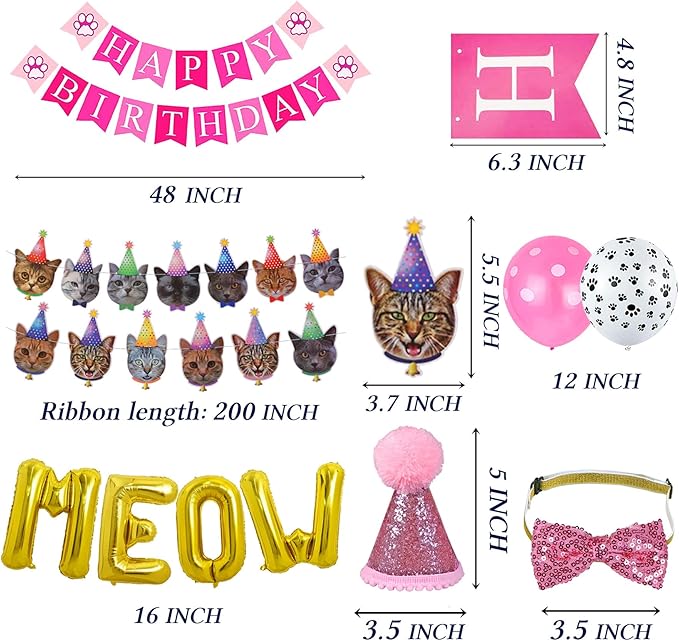 STMK Cat Birthday Party Supplies, Cat Birthday Hat Bandana Bow Tie Collar Number Banner Garland Meow Letter Balloons for Cats Kitten Outfits Decorations (Pink)