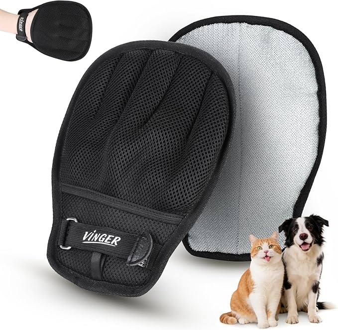 VINGER Pet Hair Removal Glove for Cats & Dogs, Electrostatic Pet Hair Gloves with Adjustable Wristband, Five-Finger Magic Brush Remover Tool for Laundry, Carpet, Couch, Car Seats & Clothing (Black)