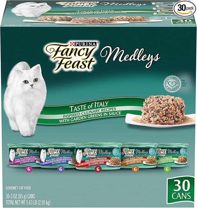 Purina Fancy Feast Wet Cat Food Variety Pack, Medleys Taste of Italy With Garden Greens in Sauce - (Pack of 30) 3 oz. Cans