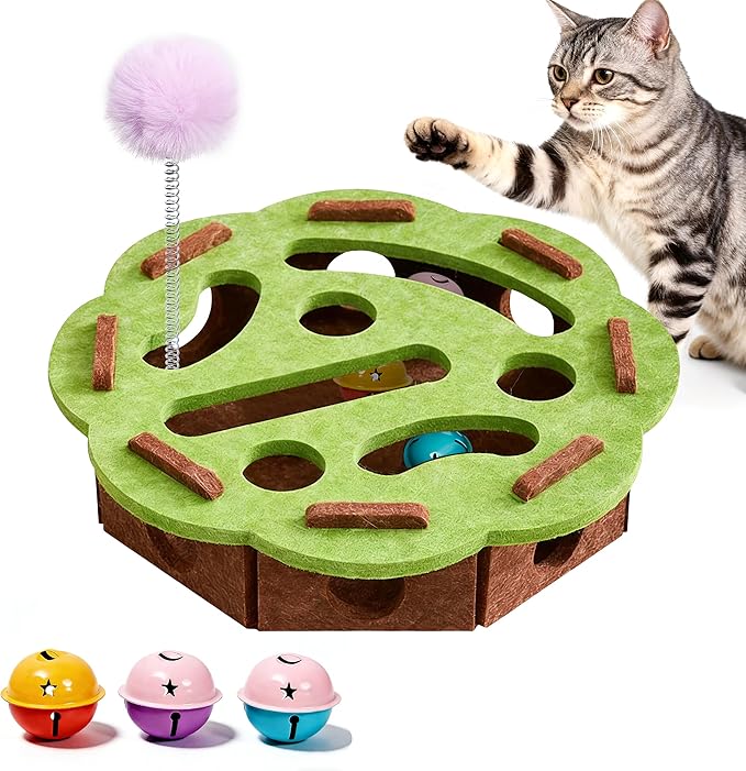 Interactive Cat Puzzle Toy for Indoor Cats, Felt Cat Puzzle Feeder Box with 3 Metal Balls and Wand. Cat Scratch Puzzle Enrichment Box for Self-Play & Encourages Hunting Instincts.