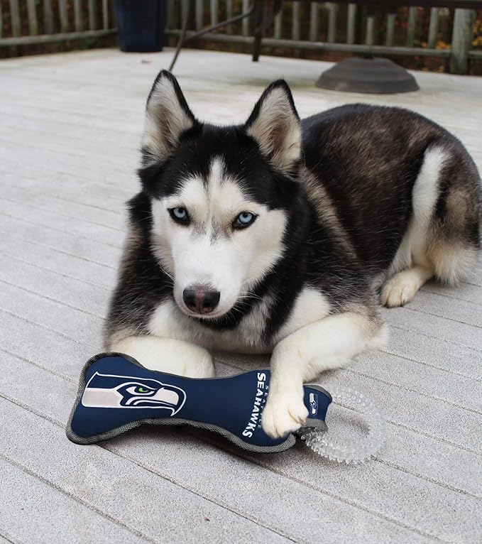 Pets First NFL Seattle Seahawks Dental Dog TUG Toy with Squeaker. Tough PET Toy for Healthy Fun, Teething & Cleaning Pet's Teeth & Gum., Team Color, one Size (SEA-3310)