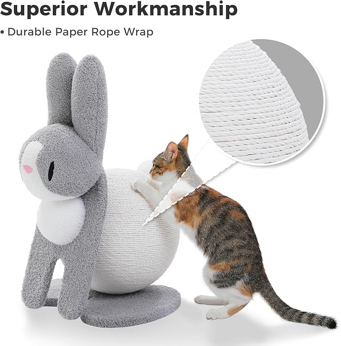 MUTTROS Cute Cat Scratcher- Bunny Style, Cat Scratching Post with Paper Rope, Extra Large Cat Scratch Ball (Ø11.8) for Indoor Kitten, Rabbit Scratch Ball for Kitty to Climb & Play, Gray