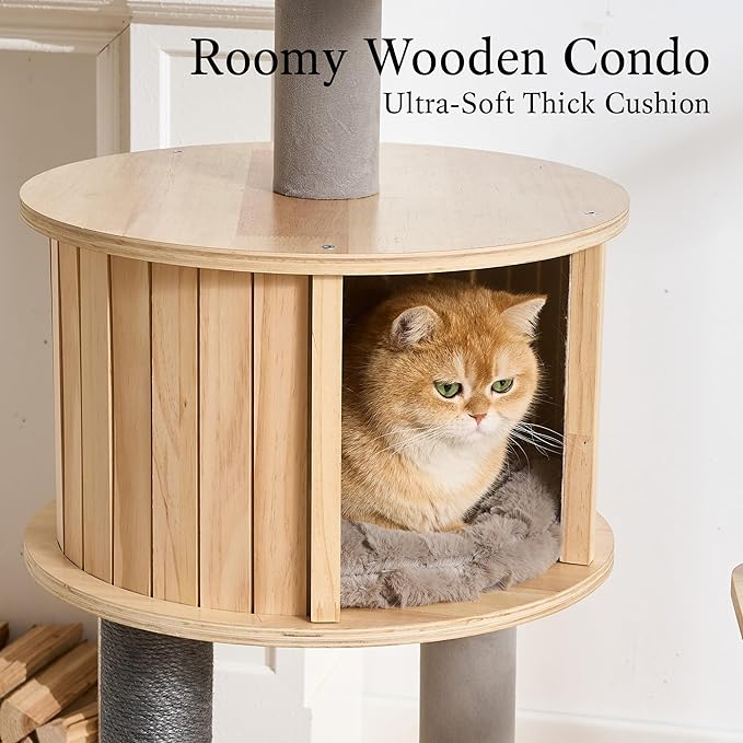 797Audio Wood Modern Cat Tree, 48" Cat Tower with Sisal Scratching Posts, Cat Condo, Capsule and Bed, Solid Wooden Aesthetic Multi-Level Cat Climbing Tree for Large Adult Indoor Maine Coon Cats-Gray