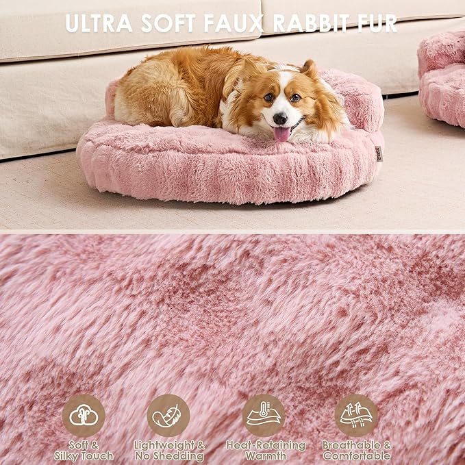 EHEYCIGA Soft Cat Couch Bed for Indoor Cats, Fluffy Small Dog Bed with Removable Washable Cover, Bolster Pet Sofa, Waterproof and Non-Slip, 26" x 26"x 8", Pink
