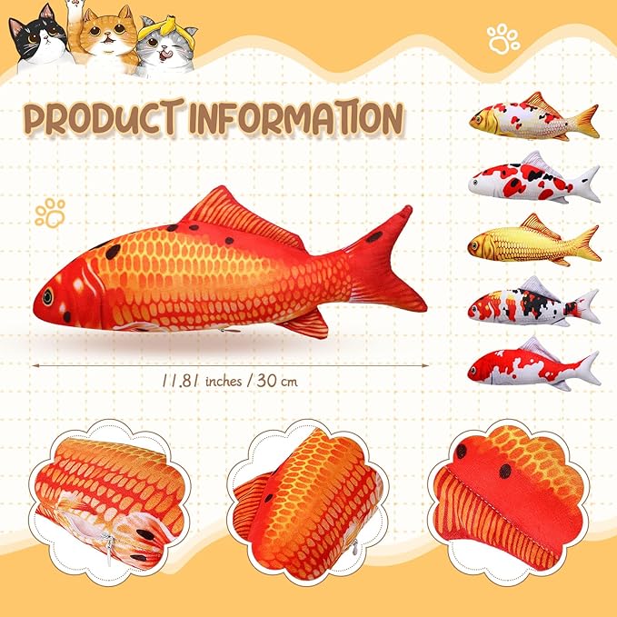 Barydat 6 Pcs 12 Inch Fish-Shaped Soft Cat Cushions Pillow Realistic Pet Carp Play Pillow for Cats Birthday Gift(Classic Style)