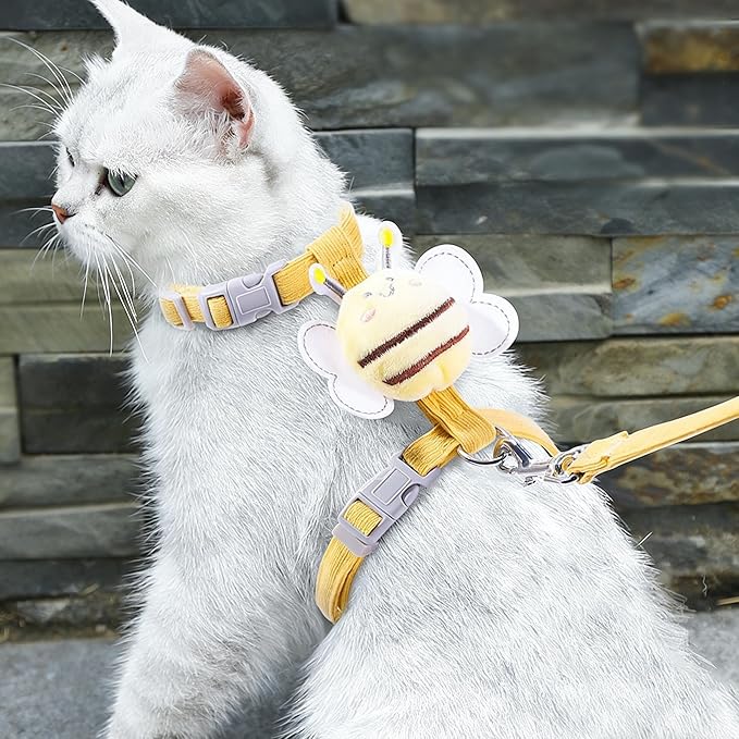 Cat Harness and Leash Set for Outdoor Travel Walking Escape Proof Soft Safe Adjustable Kitten Puppy Small Strap Kitty Cute Bee Wings Yellow S