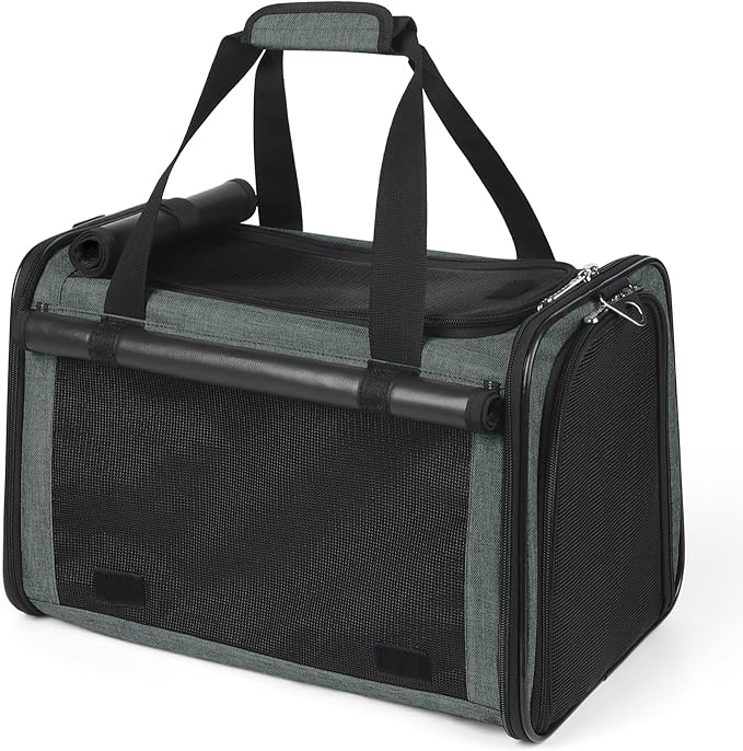 YUDODO 25lbs Cat Carrier Lightproof Soft Sided Pet Carrier for Large Cat & Small Dog Airline Approved Travel Puppy Carriers with Side Pockets & Reflective Mesh Foldable Portable for Outdoor Grey Green
