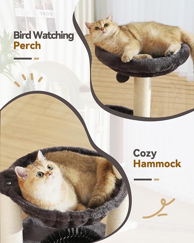 Simple Deluxe Small Cat Tree Tower for Indoor Cats, 5-in-1 27.8" Multi-Level Cat Tree with Scratching Posts, Plush Hammock, Perch, Self Groomer Brush, Dangling Ball for Kittens/Small Cats Play &Rest