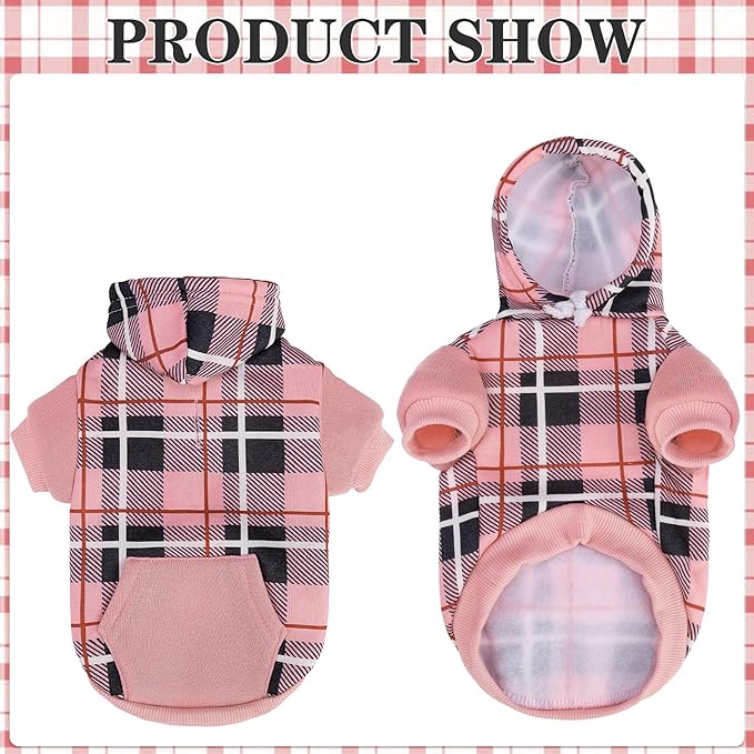 EXPAWLORER Plaid Cat Hoodie - British Style Warm Cat Sweater Shirt with Leash Hole,Pet Clothes Outfits,Winter Coat Apparel for Puppy Cats Girl Boy-Kitten Apparel,Pink XL