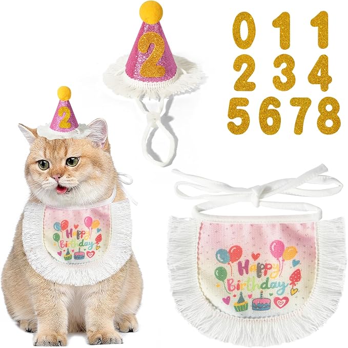 Cat Birthday Party Supplies, Pink Girl Cat Kitten Birthday Hat with Numbers & Gradient Bandana, Birthday Outfit Apparel for Cats and Kittens (Small, Happy Birthday)