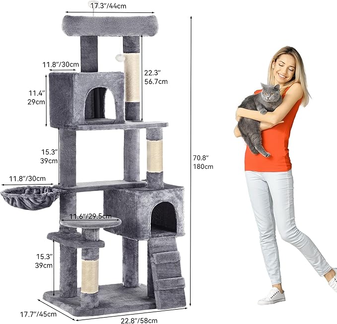 DWVO Light Gray Cat Tree Tower 70.8in for Indoor Cats: Multi-Tiered Feline Furnishing with Snug Cat Bed, Scratch Poles, Feline Window Cushioned Plush Roost for Young Cats Animal Activity Center