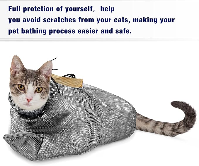 2 Pieces Cat Grooming Washer Mesh Bag Cat Muzzles Breathable Mesh Muzzles Adjustable Kitten Scratch Resistant Kitty Restraint Clothes Kitty Bath Bag for Bathing Nail Trimming Feeding(Gray)