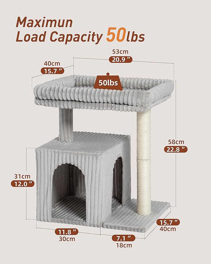 Cat Tree for Large Cat, 20.9 * 15.7in Large Perch Bed for Adult Cats, 22.8in Cat Tower with Scratching Post, Cat Condo with 2-Door for Indoor Cats, Light Gray