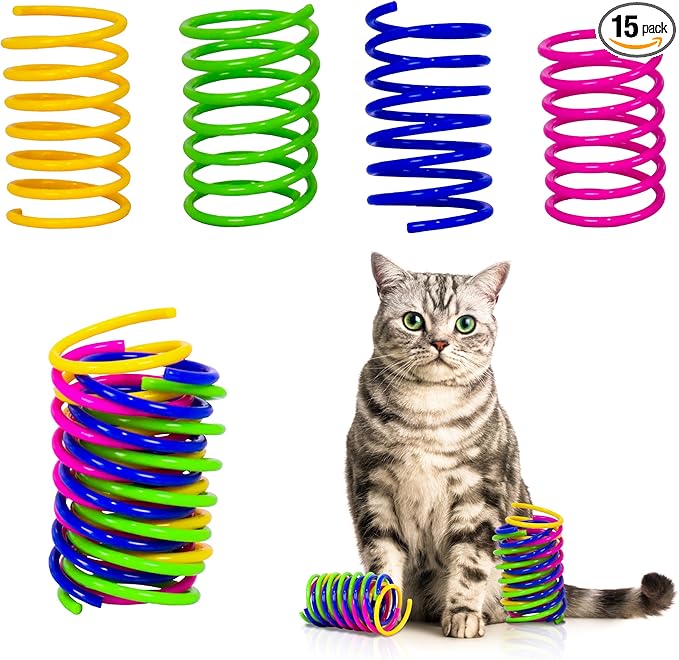 Cat Spring Toy, 15 Pcs Cat Kittens Toys Plastic Colorful Coil Spiral Springs for Swatting, Biting, Hunting, and Active Healthy Play Interactive Toys Indoor Cats