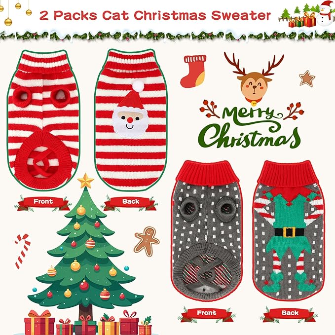 BWOGUE 2 Packs Cat Christmas Sweater Dog Sweaters Pet Cat Winter Knitwear Warm Clothes Pet Santa Claus and Clown Merry Christmas Pets Sweaters for Kittys and Small Dogs