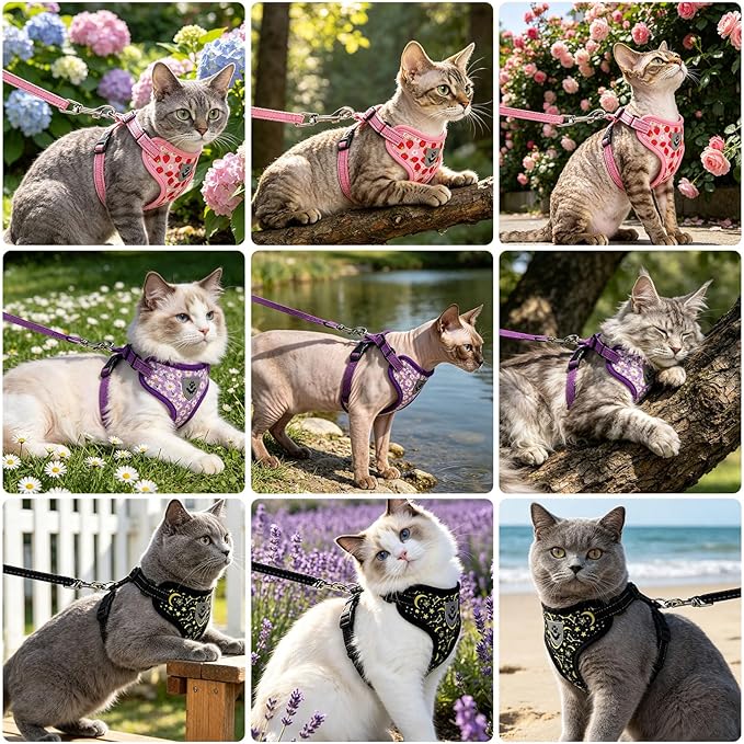 EXPAWLORER Escape Proof Cat Harness and Leash Set - Soft Breathable Vest Harness with Adjustable for Kitten Puppy Outdoor Walking Travel, Reflective Harnesses for Small Medium Large Cats, Strawberry S
