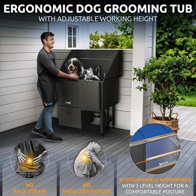 KANIS Professional Dog Washing Station 304 Stainless Steel Pet Wash Sink & Grooming Bathtub w/Shower, Floor Grates and Storage for Large, Medium & Small Pets (Black, 40 Inches, Right Ramp, 1 Drawer)