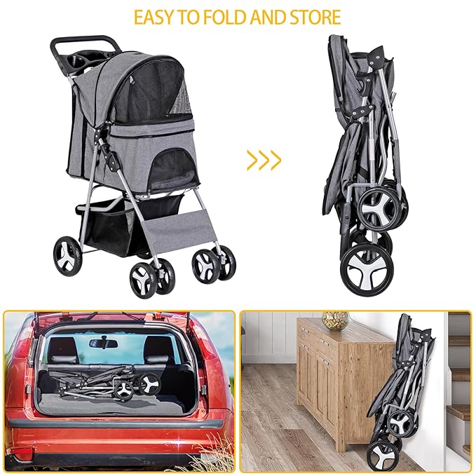 4 Wheels Foldable Pet Dog Cat Jogger Stroller Travel Carrier Strolling Cart w/Waterproof Cover Storage Basket Cup Holder & Removable Liner for Medium Small Cat Dog, Grey