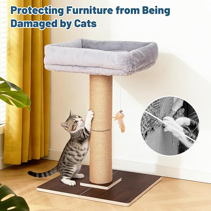 Cat Scratching Post, Retro-Style Tall Cat Scratcher Tower with Removable Gray Fluffy Cusion Perch, Natural Pine & Sisal Cat Scratcher for Indoor Cats, Large