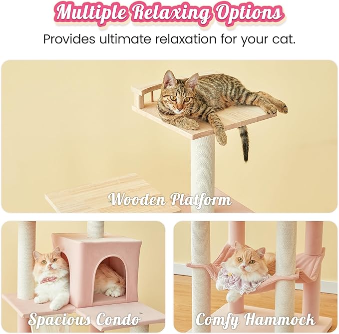 MWPO Pink Modern Cat Tree for Indoor Cats, 63.8-Inch Multi-Level Tall Cat Tower with Cat Condo, Hammock, Woden Top Perch, Scratching Posts for Kittens & Adult Cats
