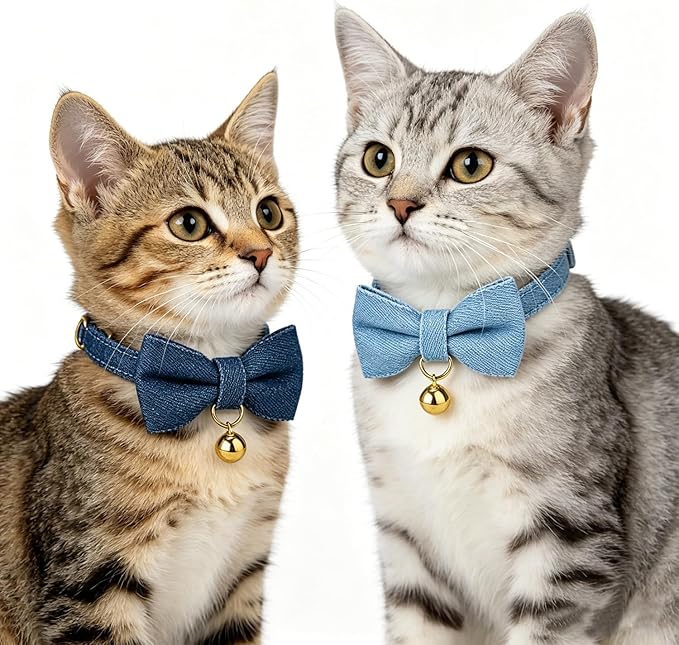 2 Pack Cat Collars with Removable Bow Tie and Bell, Adjustable Denim Kitten Collar, Breakaway Safe Pet Collar for Cats, Puppies.(Adult Cat,Denim Blue)