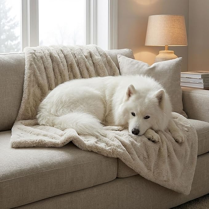 4 Cats & Dogs Pet Faux Fur Throw Blanket – Large 50"x60" Waterproof Dog Blanket, Washable Plush Throw for Cat and Dog, Leakproof Couch & Bed Furniture Protector, Ultra Soft Cozy Pet Blanket - Biege