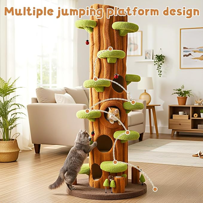NUNU LAB 90.5 Inch Tall Large Cat Tree, Magic Forest Solid Wood Cat Tree Tower with Sisal Scratching Posts, Multi-Level Cat Condo with Side Hideaway Cave, Heavy Duty Cat Tree for Large Cats, Green