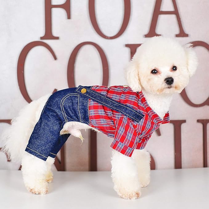 SMALLLEE_LUCKY_STORE Pet Clothes Costume Puppy Denim Overalls for Small Medium Dogs Cats Boys Bowtie Plaid Shirt Jeans Pants Outfits Chihuahua One Piece Jumpsuit,Red XS