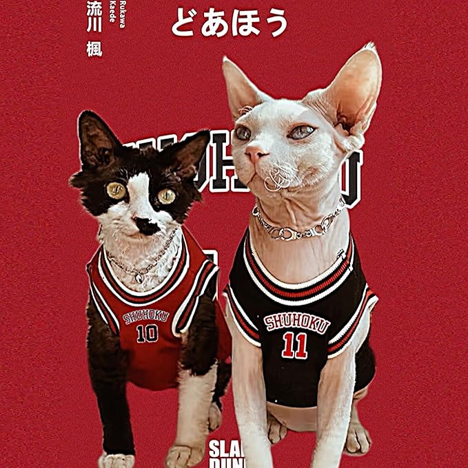 Sphynx Cat Basketball Jersey, Anime-Inspired Pet Shirt, Breathable Stretchy Cotton Outfit for Hairless Cats & Small Dogs, Sleeveless Sport Costume for Cats (Red, Large (5-7lbs))