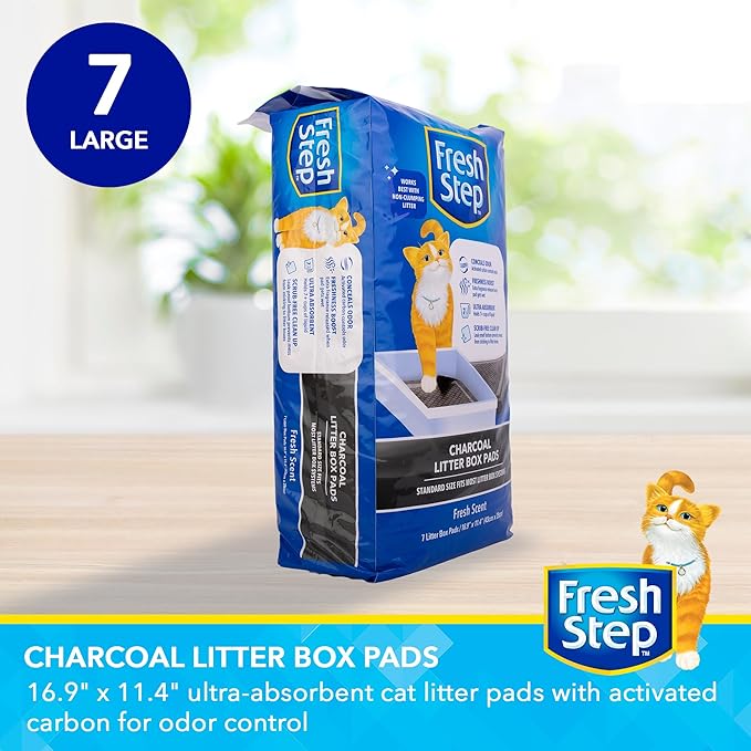 Fresh Step Charcoal Litter Box Pads with Activated Carbon for Odor Control, Ultra-Absorbent with Leak-Proof Bottom for Scrub-Free Cleanup, 16.9 x 11.4 Inches, 7 Count