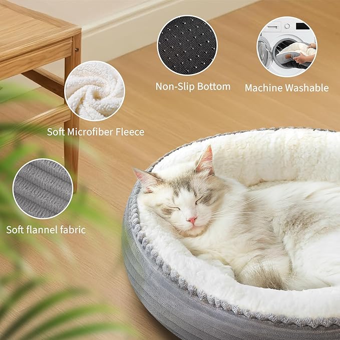 Zerbuger 20in Washable Cat Beds for Indoor Cats - Round Donut Pet Bed for Cats, Small Dogs, Puppy, Kitten - Anti-Slip Bottom, Calming Bed Gift - Ideal for Every Home Space - Light Grey