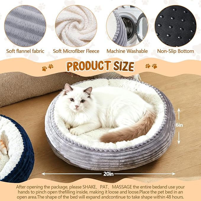 2 Pack Cat Beds for Indoor Cats 20 Inches Washable Round Donut Pet Bed Cushion Self Warming for Cats, Small Dogs, Puppy, and Kitten (Gray, Dark Blue)
