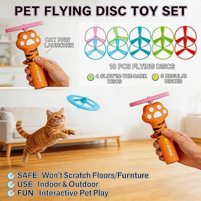 Cat Fetch Toy Launcher,Flying Disc Launcher Toy Rechargeable with 10 Flying Discs,Flying Cat Toy Disc Launcher for Kitten Dog Playing Interactive Hunting Tracking Toys for Outdoor Indoor,Orange