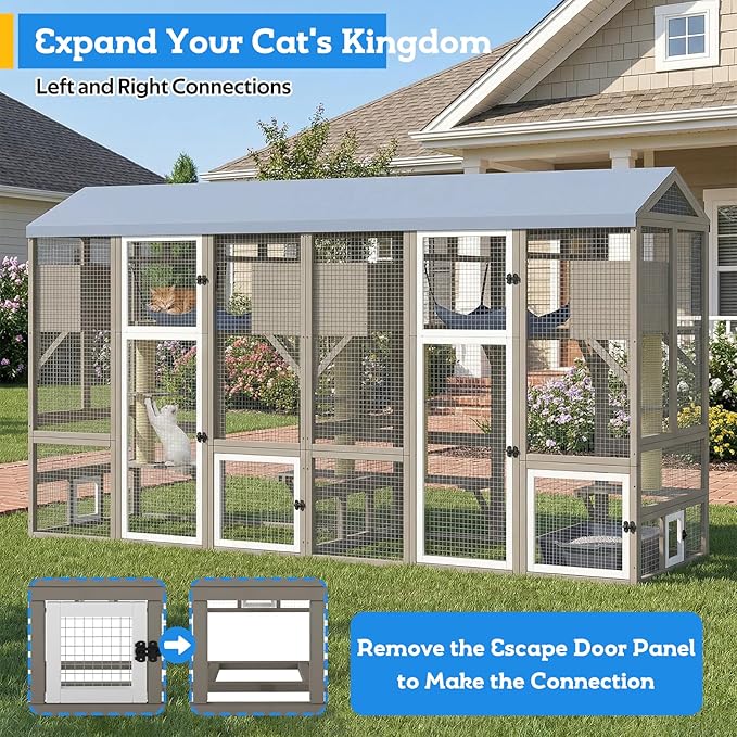Catio Outdoor Cat Enclosure with Window Access, Large Walk in Cat House Outdoor Kitty Cage with 7 Jumping Platforms, Scratching Posts, Hammock, Slide & Clean Litter Box Access